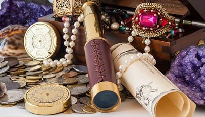 šperkovnice, drahokam, malování, náramek, rulička, ametyst, sklo, text, mince, dalekohled, perly, poklad, zlato, šev