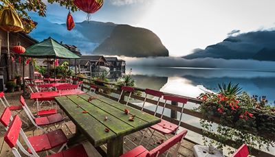 canopy, mountain, reflection, lantern, flowers, leaves, table, fog, cafe, chair, lake