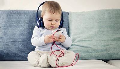 cheek, rompersuit, device, headphones, loop, music, cable, bangs, sofa, baby