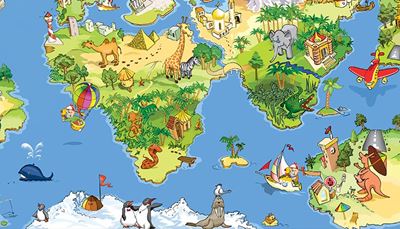 kangoeroe, vuurtoren, vliegtuig, woestijn, olifant, oerwoud, pinguïn, krokodil, piramide, eiland, kameel, tempel, walvis, walrus, slang