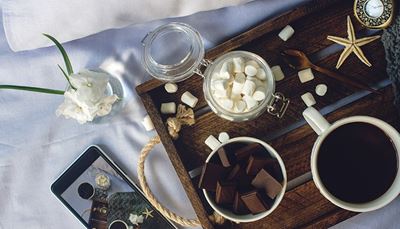 cup, smartphone, marshmallow, drink, starfish, flower, chocolate, photo, watch, tray