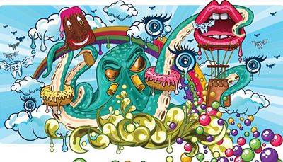 blæksprutte, regnbue, tænder, bobler, tåre, slim, donut, sky, tand, mund