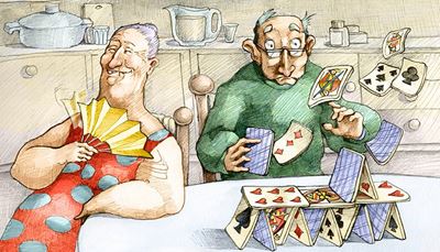 spillekort, skaldetplet, kortbagside, bedstefar, vifte, bedstemor, kande, klør, hjerter, gråhåret, ruder, spar