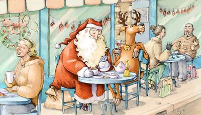 pose, hover, adventskrans, julenissen, besøkende, kaffepause, reinsdyr, julepynt, bjelle, kafe, horn, te