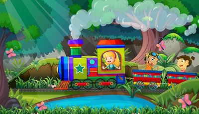 star, carriage, locomotive, excited, children, forest, tree, pilot, butterfly, reed, steam, lake