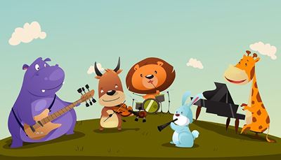struna, buben, housle, smyčec, hroch, kytara, ladicíkolík, píšťala, klavír, žirafa, králík, louka, jelen, lev