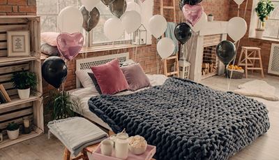 hart, slaapkamer, schuimpje, bloempot, brandhout, lijst, ballon, haard, pot, deken, bed, ladder