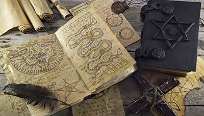 cross, witchcraft, feather, hexagram, pentagram, scroll, star, amulet, snake, book