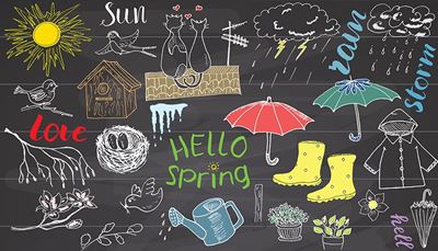 soleil, salutation, printemps, nid, gouttes, arrosoir, parapluie, glaçons, branche, nichoir, orage, amour, pluie