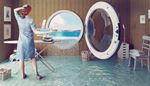 ironingboard, flooding, porthole, ironing, basket, clothes, flood, wallpaper, calf, water, chair, sea
