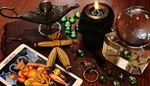 chain, guessing, horns, magicball, candle, glass, wing, oillamp, devil, fire, flame, doll, runes, tarot