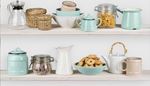 basket, utensils, farfalle, cookies, carafe, sugar, teapot, mug, jar, shelf