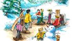 children, skislope, skis, fingerpost, poles, snowboard, snowman, resort, hat, bench, snow, fir