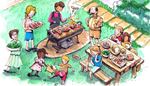 ball, walkway, lawn, backyard, bench, meal, barbeque, table, shrub, sausage, family, grill