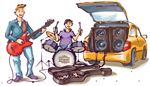 drum, drumsticks, guitarcase, forelock, speakers, guitarist, music, automobile, trunk, drumkit, drummer, guitar, money