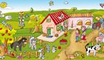 sheep, appletree, dalmatian, tractor, nest, scarecrow, farmer, snake, pig, bee, cow, hay, pitchfork, nestling