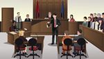 chairback, microphone, prosecutor, courtroom, witness, evidence, judge, secretary, prisoner, officer, lawyer, flag, jury