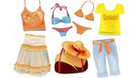 clothes, t-shirt, shorts, frills, summer, bow, skirt, bikini, hat, bag