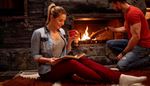firewood, fireplace, ponytail, couple, socks, evening, book, flame, jeans
