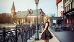 cafe, cathedral, blonde, roof, bag, quay, streetlamp, spire, tower, fence, girl, river