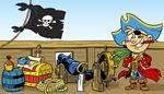 piratjakke, piratflagg, trekantethatt, svartlapp, busknellik, kiste, tonne, sabel, kompass, kanon, hjul, pirat, veke, tau, dolk