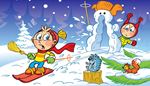 stump, trapperhat, snowman, surprise, laughter, skirun, skis, squirrel, hedgehog, scarf, skier, broom
