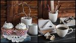 cupcake, wrapper, whippedcream, glasses, clip, pen, binding, cup, notebook, chocolate, branch, creamer, coffee, ruler