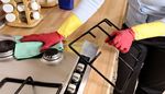 cleaning, rag, gloves, countertop, spices, housewife, knob, stove, burner