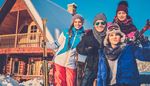 scarf, trapperhat, snowdrift, winter, friends, skis, chalet, chimney, pompom, roof