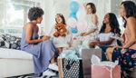pregnancy, livingroom, babyshower, pillow, dress, polkadot, balloon, sofa, toy, pattern, gifts