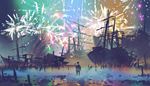 fireworks, loneliness, shipwreck, shallows, person, debris, night, mast