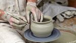 clay, creativity, pattern, circle, handmade, potter, apron, hands, gray, pot