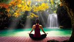 meditazione, paradiso, schiena, cascata, lago, tronco, raggio, yoga