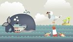 gull, binoculars, fountain, buoy, steamboat, island, waves, whale, palm, fish, sea