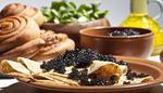 caviar, cinnamonroll, pancakes, plate, bowl, oil, black