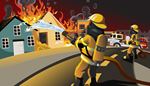 window, gascylinder, waterjet, firefighter, oxygen, respirator, fire, firehose, smoke, road