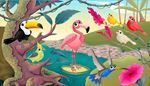 river, hummingbird, flamingo, liana, birds, toucan, moss, beak, roots, parrot, trunk