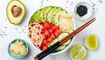 avocado, watermelon, cucumber, bowl, chopsticks, stone, lime, ginger, sprouts
