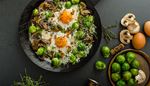 eggshell, brusselssprouts, friedeggs, fryingpan, mushrooms, sprouts, rosemary, eggwhite, egg, yolk, handle