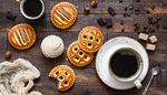 wood, coffeebeans, chocolate, saucer, hazelnut, sugar, gauze, cup, cookie, bite