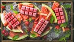 mint, coldfruit, watermelon, strawberry, stick, popsicle, slice, square, box, ice