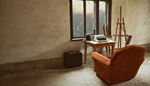 suitcase, armchair, typewriter, concrete, frame, table, easel, room, hat, window, wall, skis