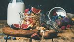 cereals, raspberries, cuttingboard, reflection, blueberry, granola, figs, bottle, rope, milk, jar, lid