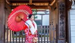 kimono, stakit, pelsstola, monster, paraply, tempel, japan, tegn, pose