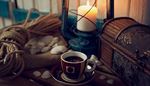 chest, lantern, seashells, candle, burlap, saucer, cup, coil, rope, coffee, flame