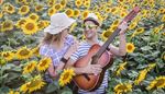 couple, sunflower, guitar, fingerboard, strings, field, bow, leaves, smile
