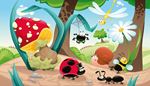 ant, dragonfly, ladybug, flyagaric, web, spider, chamomile, tophat, bee, snail