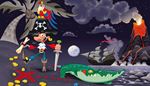volcano, crocodile, dottedline, tongue, fullmoon, pirate, mark, lava, eruption, parrot, coins, crater, palm