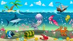 fin, swordfish, waves, jellyfish, chest, claw, island, tentacle, coins, pearls, fish, seahorse, crab