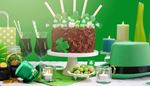 candle, celebration, candlestick, clover, cake, cakestand, coins, tophat, straw, green, bag